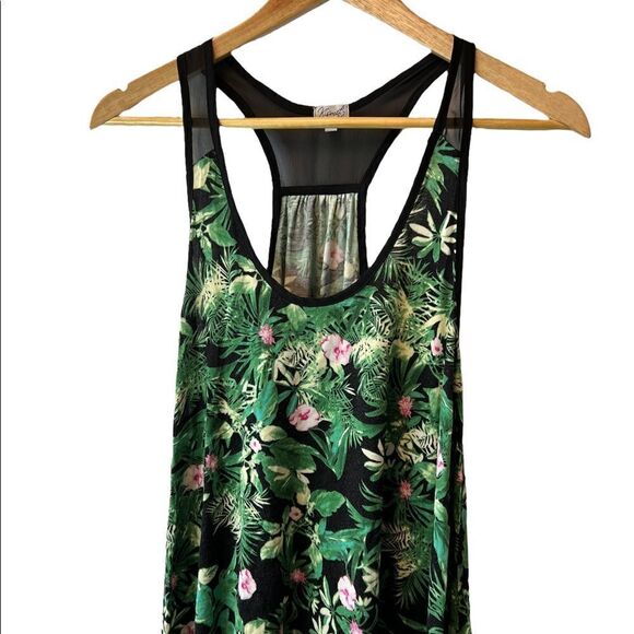 KISMET Green Tropical Print Racerback Mesh Top Loose Fit Tank Top S - Picture 2 of 8